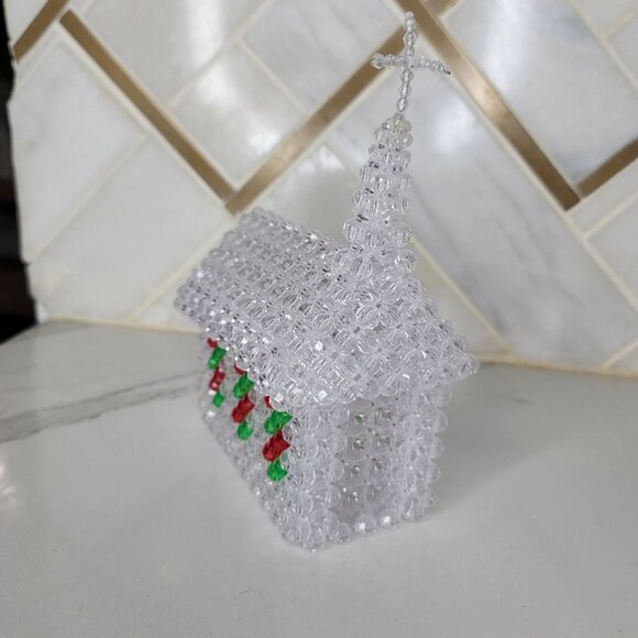 Handcrafted Beaded Church With Cross Clear Red & Green Beads sparkle table decor - Picture 6 of 9